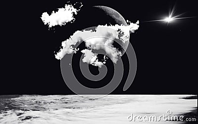 Illustration of sea water surface against dark sky, white clouds, Moon silhouette stare. Night dusk waterscape in black and white. Stock Photo