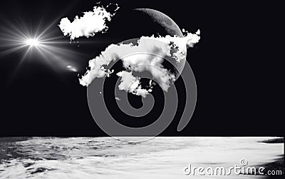 Illustration of sea water surface against dark sky, white clouds, Moon silhouette stare. Night dusk waterscape in black and white. Stock Photo