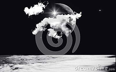 Illustration of sea water surface against dark sky, white clouds, Moon silhouette stare. Night dusk waterscape in black and white. Stock Photo