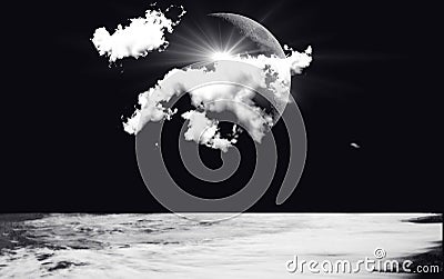 Illustration of sea water surface against dark sky, white clouds, Moon silhouette stare. Night dusk waterscape in black and white. Stock Photo