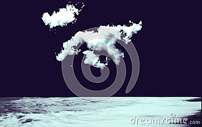 Illustration of sea water surface against dark sky and white clouds. Night dusk waterscape in blue, black and white. Stock Photo