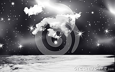 Illustration of sea water surface against dark starry sky, white clouds and Moon silhouette. Night black white waters cape. Stock Photo