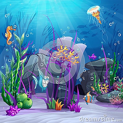 Illustration of the seabed with rocks, algae, barnacles Stock Photo