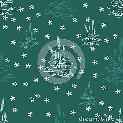 Illustration of seamless background with flower design elements with green, fresh plants, plant branches and flowers, template Vector Illustration
