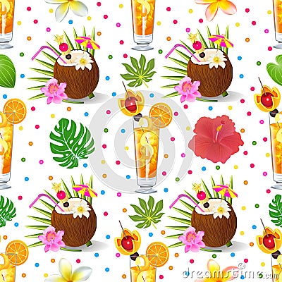 seamless background with tropical alcoholic cocktails and fruits Vector Illustration