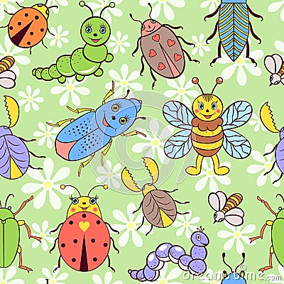 Seamless pattern with cute colorful insects Vector Illustration