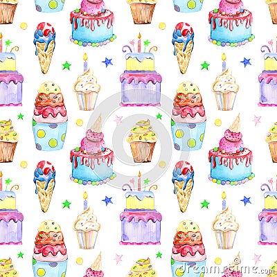 Illustration seamless pattern drawn by watercolor confectionery: cakes, muffins on the background. Stock Photo