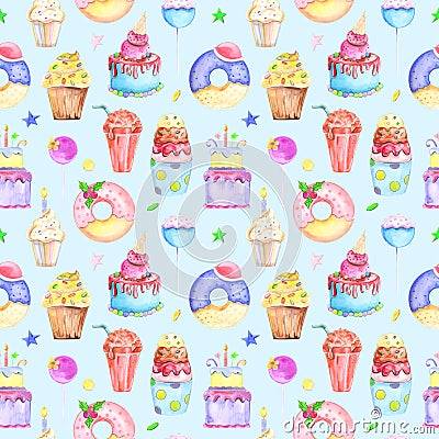 Illustration seamless pattern drawn by watercolor confectionery: cakes, muffins on the background. Stock Photo