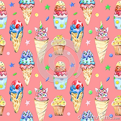 Illustration seamless pattern drawn by watercolor confectionery: cakes, muffins on the background. Stock Photo