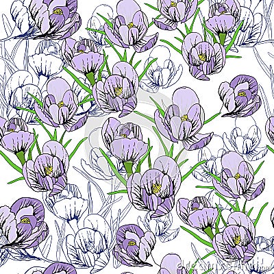 Illustration of seamless pattern First Snowdrops Galanthus Flowers. Spring background, wallpaper and printable Vector Illustration