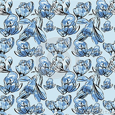 Illustration of seamless pattern First Snowdrops Galanthus Flowers. with watrcolor effects. Spring background, wallpaper Vector Illustration