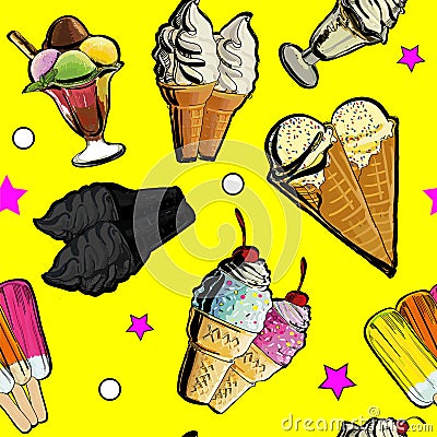 Illustration of Seamless pattern ice creame tasty. Hand drawn, doodle decorative sticks. Paper background for children Vector Illustration