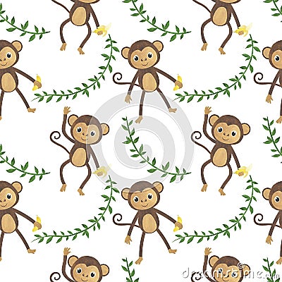 Seamless pattern Monkey watercolor animals tropics illustrations. Cartoon Illustration