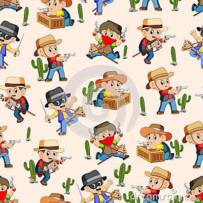 Seamless pattern with west cowboy in action Vector Illustration