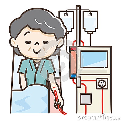 Illustration of a senior woman undergoing hemodialysis Vector Illustration