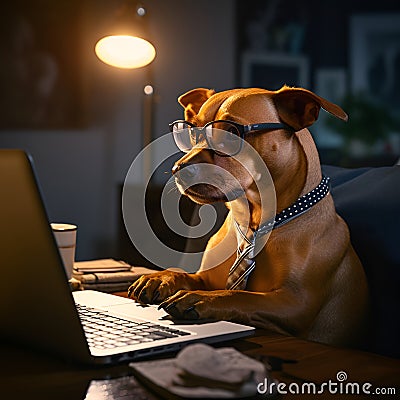 Illustration of a serious dog working on a laptop at a late hour managing deadline at work. American pit bull terrier dog looking Stock Photo