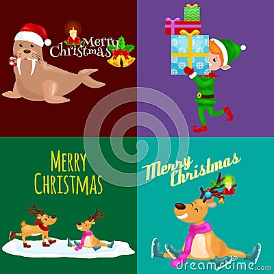 Illustration set animals winter holiday North Pole boy elf with presents and deer skating and sitting with lights,walrus Vector Illustration