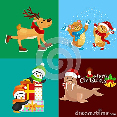 Illustration set animals winter holiday North Pole penguins with presents and bears under snow, deer skating, walrus in Vector Illustration