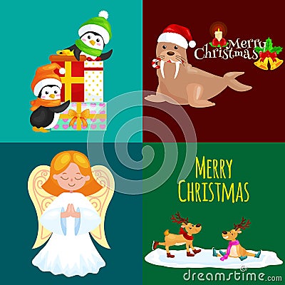 Illustration set animals winter holiday North Pole penguins presents and, deer skating, walrus in hat with bells, vector Vector Illustration