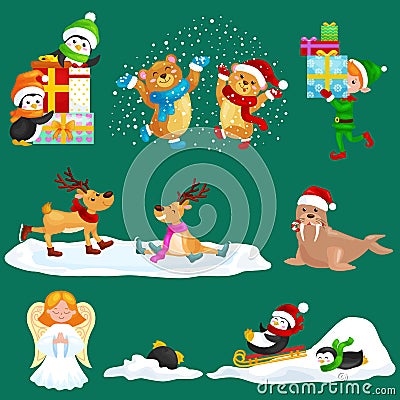 Illustration set animals winter holiday North Pole penguins presents and sledding down the hills Vector Illustration