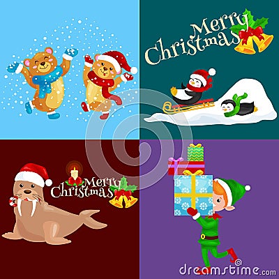 Illustration set animals winter holiday North Pole penguins presents and sledding Vector Illustration