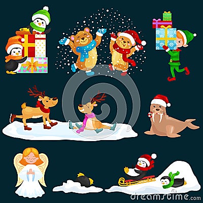 Illustration set animals winter holiday North Pole penguins presents and sledding down the hills,bears under snow Vector Illustration