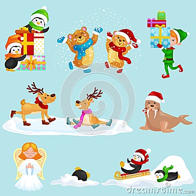 Illustration set animals winter holiday North Pole penguins presents and sledding down the hills,bears under snow Vector Illustration