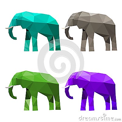 Illustration with set of blue, green, purple and grey colored abstract geometric polygonal triangular elephant isolated on white Vector Illustration