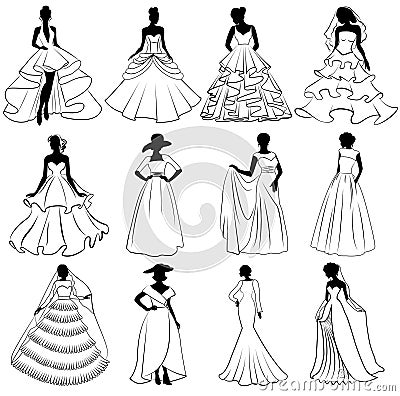 Set of brides silhouettes in wedding dress Vector Illustration