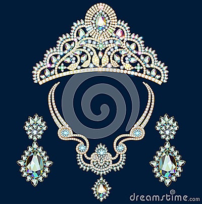 set of brilliant jewelery diadem, necklace and earrings with precious stones Vector Illustration