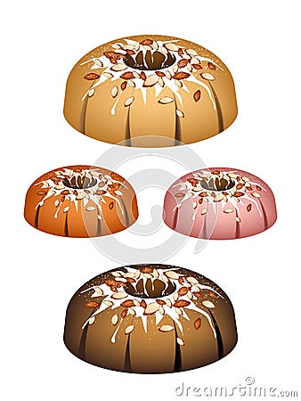 Four Bundt Cake Topped with Sugar Glaze and Almonds Vector Illustration