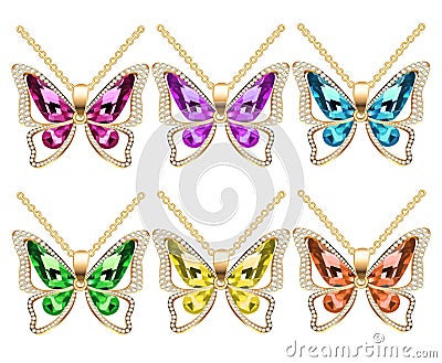 Illustration set of butterfly pendants with precious stones isolated on white background Vector Illustration
