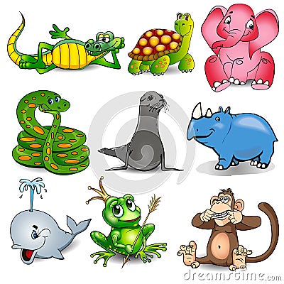 set of cartoon animals with crocodile, turtle, snake, sea lion, hippo, whale, frog and monkey Vector Illustration