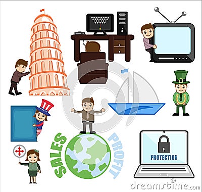 Illustration Set of Cartoon Travel and Communication Concept Stock Photo