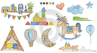 Illustration set with children`s watercolor elements. Hand drawn Cartoon Illustration