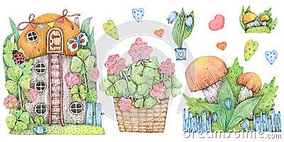 An illustration, a set of compositions and elements: a wonderful mushroom house, a cute family of orange mushrooms, leaves and flo Cartoon Illustration
