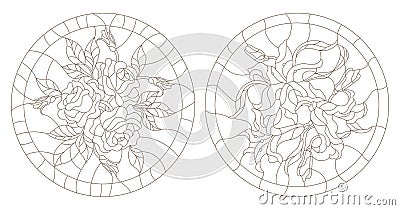 Illustration with Set contour illustrations of roses and lilies Vector Illustration