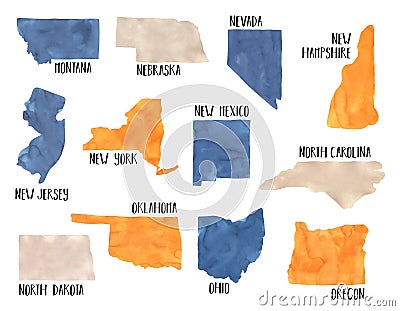 Illustration set of different USA states on white background Stock Photo