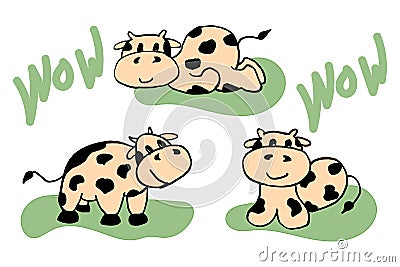 illustration, set of drawn funny cows on green grass in pastel colors, design for clothes and textiles for children Vector Illustration