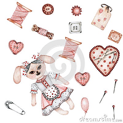 Illustration. A set of elements for sewing, needlework: thread, needles, needle holder , buttons, toy hare, pin. Stock Photo