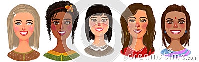 Illustration set of female cartoon portraits. Happy women of different races and nationalities Stock Photo