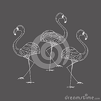 Illustration with a set of flamingos silhouettes isolated on gray background Stock Photo