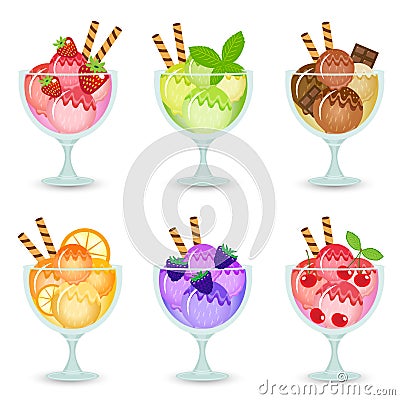 Illustration of a set of fruit ice cream in a glass beaker, dessert in a glass with a different taste. Vector Illustration