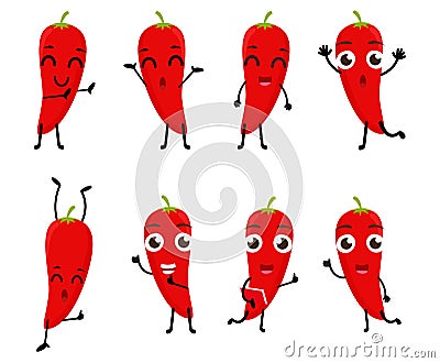 Set of funny chili vegetable cartoon character Vector Illustration