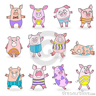 Illustration with Set of funny colored pigs on a white background Vector Illustration