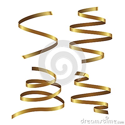 Set of gold curling streamers on white background Vector Illustration