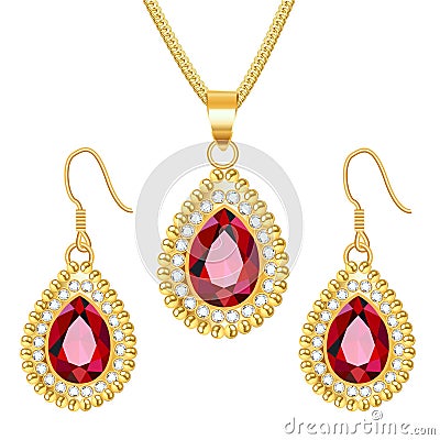 set of gold jewelry pendant on a chain and earrings with rubies Vector Illustration