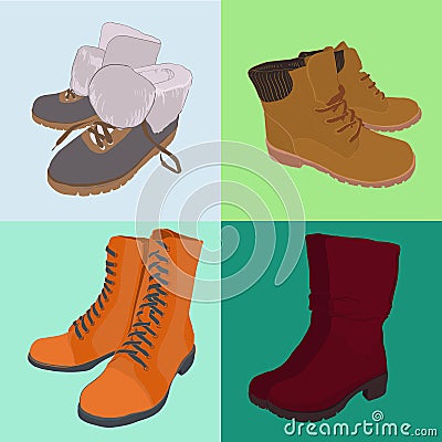 Illustration of Set hand drawn colorful women Footwear in isometric style. Shoes Casual and sport style, gumshoes, boots Vector Illustration