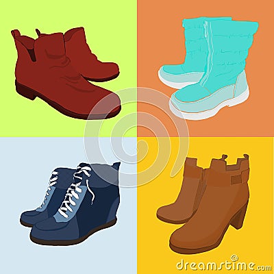 Illustration of Set hand drawn colorful women Footwear in isometric style. Shoes Casual and sport style, gumshoes, boots Vector Illustration