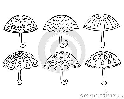 Illustration, set of hand-drawn contour different umbrellas. Design for coloring, textiles, paper Vector Illustration